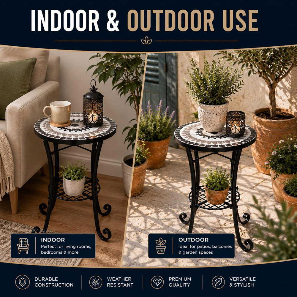 Shatchi Medina 2-in-1 Single Shelf Mosaic Ceramic Tile Top Plant Stand Side Table Image 5