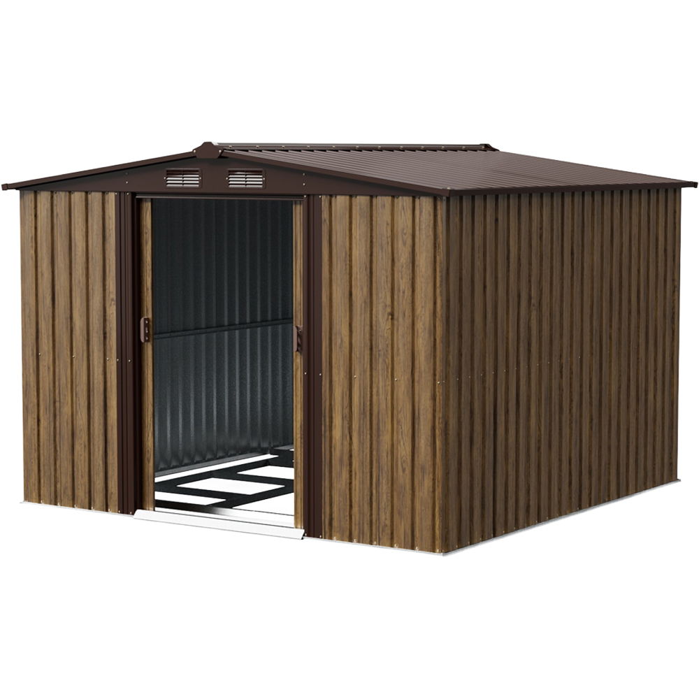 Living and Home 8 x 8ft Brown Wood Grain Metal Apex Garden Storage Shed with Foundation Image 4
