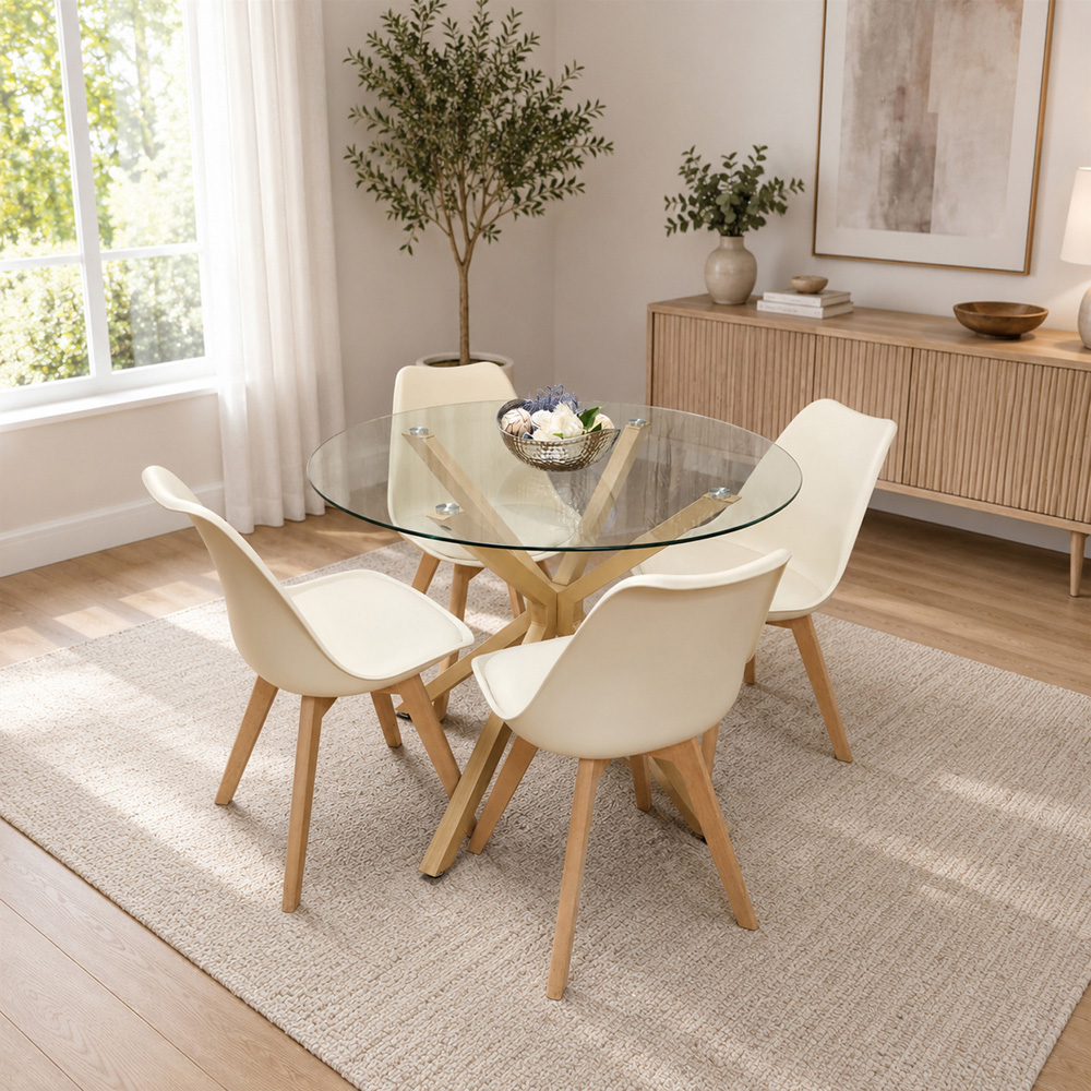 Kosy Koala 4 Seater Glass and Plastic Round Dining Table Set Oak Effect and Cream Image 5