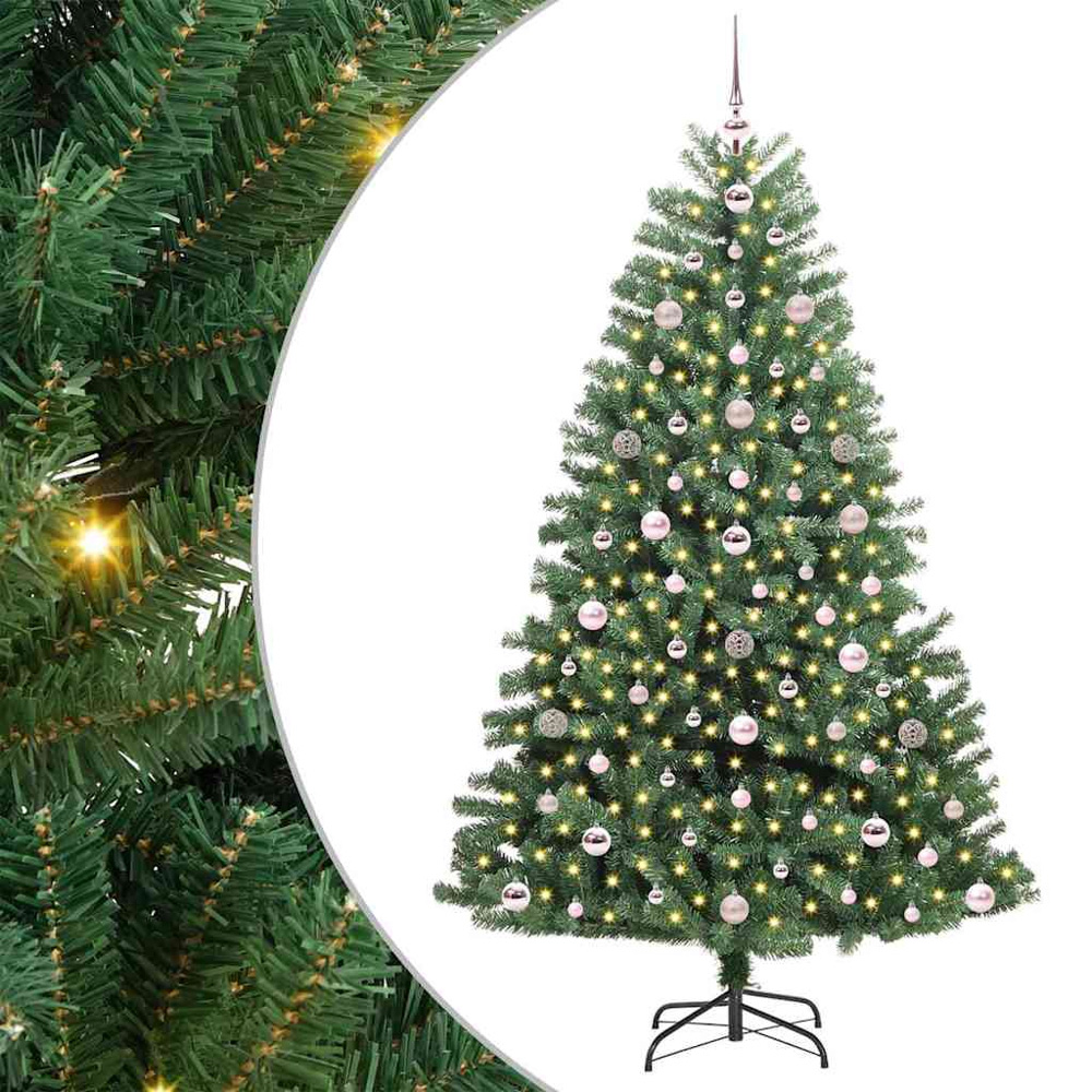 vidaXL Pre-Lit Pink Baubles Green Artificial Hinged Christmas Tree 6ft Image 2