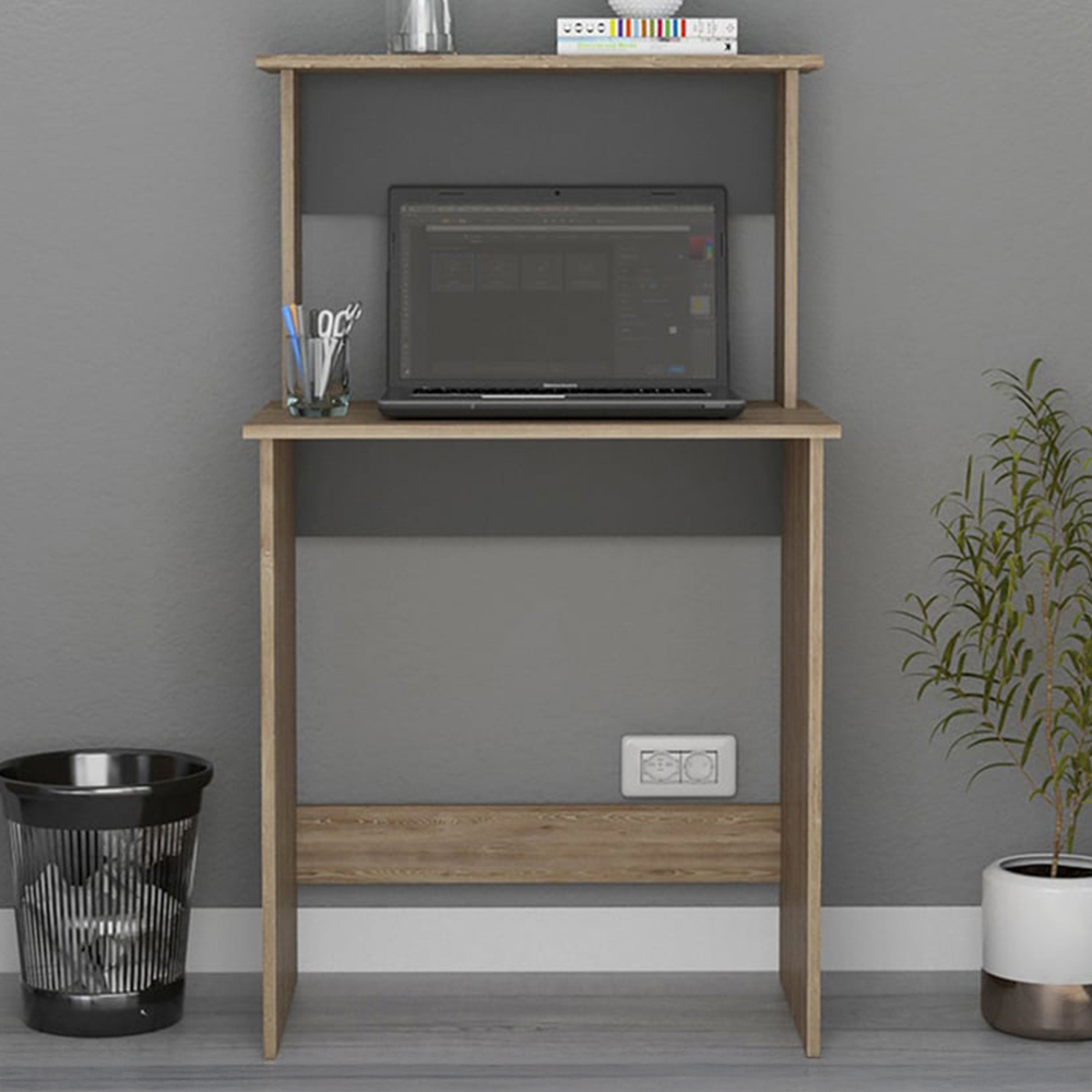 Vegas Workstation with Keyboard Shelf Oak Effect and Matt Grey Image 1