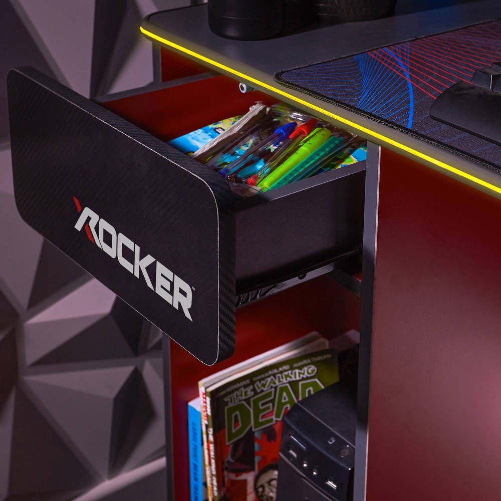 X Rocker Carbon-Tek Single Drawer Single Shelf Gaming Desk with Neo Fibre LED Lights Grey and Red Image 3