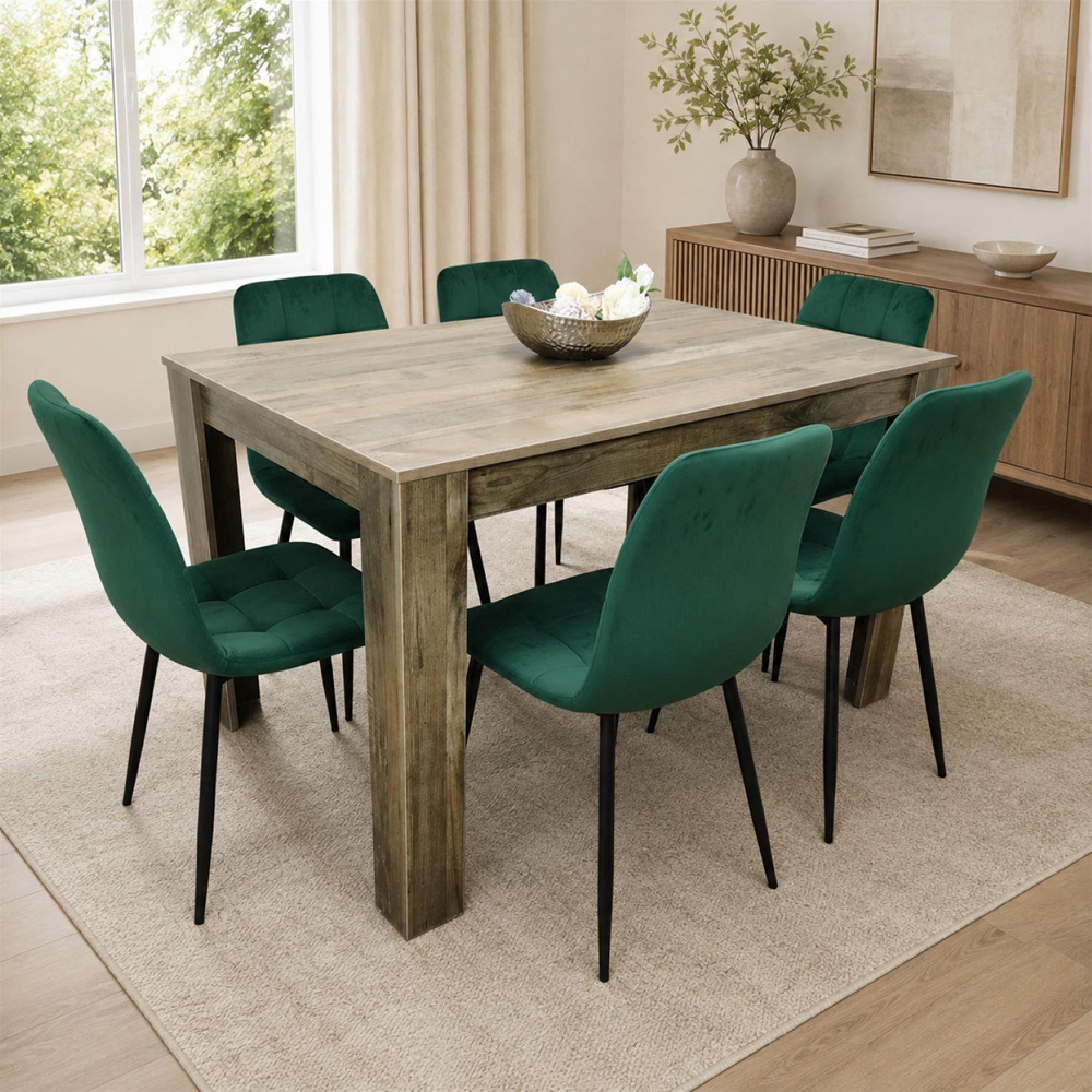 Portland 6 Seater Velvet Tufted Wooden Tabletop Dining Set Green Image 1