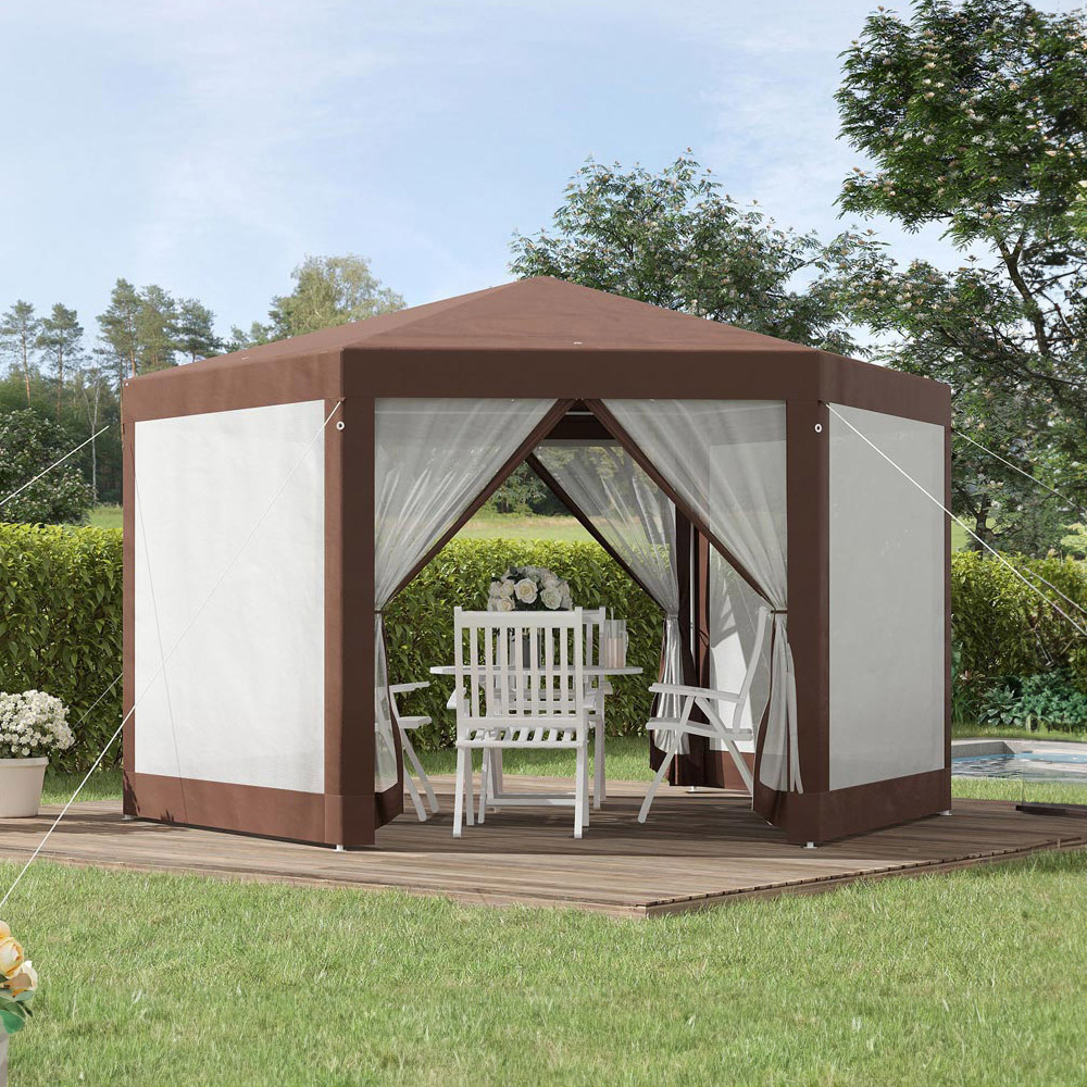 Outsunny Brown Hexagonal Gazebo with Mosquito Netting Image 1