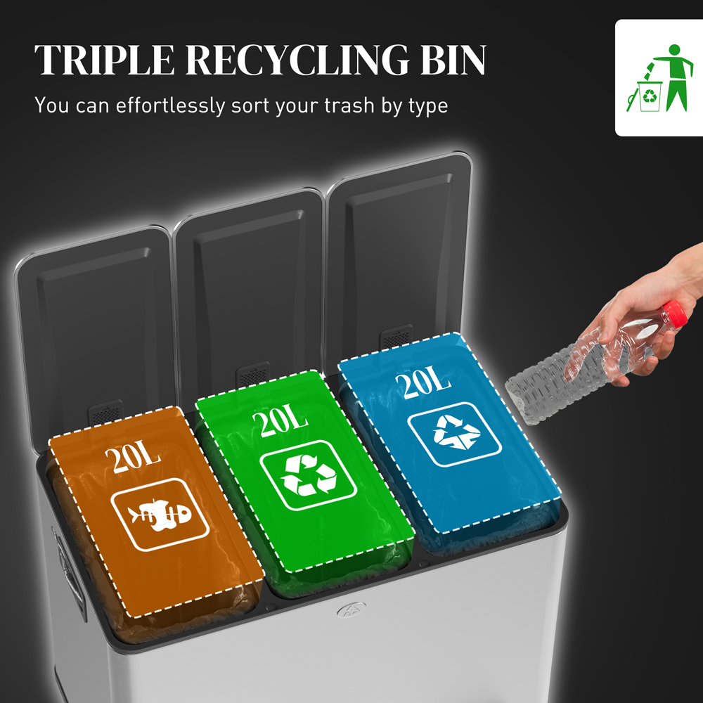 HOMCOM Triple Recycling and Waste Kitchen Pedal Bin 60L Image 8