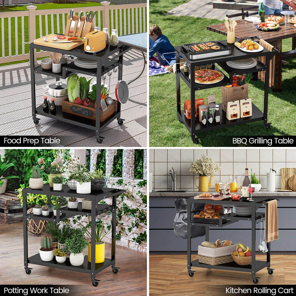 Costway Black 3 Shelf Movable BBQ Cart with 4 Lockable Wheels Image 8