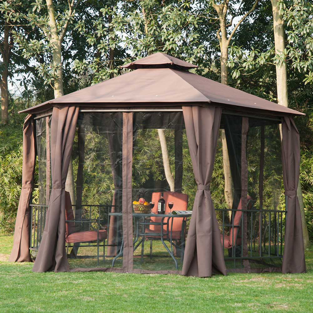 Outsunny 3 x 3m 2 Tier Brown Canopy Gazebo with Sides Image 1