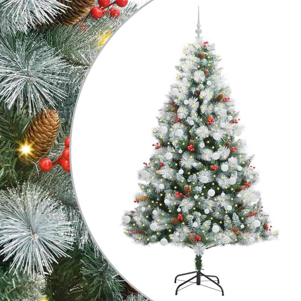 vidaXL Pre-Lit White Baubles Green Artificial Snow Flocked Christmas Tree 7ft Image 2