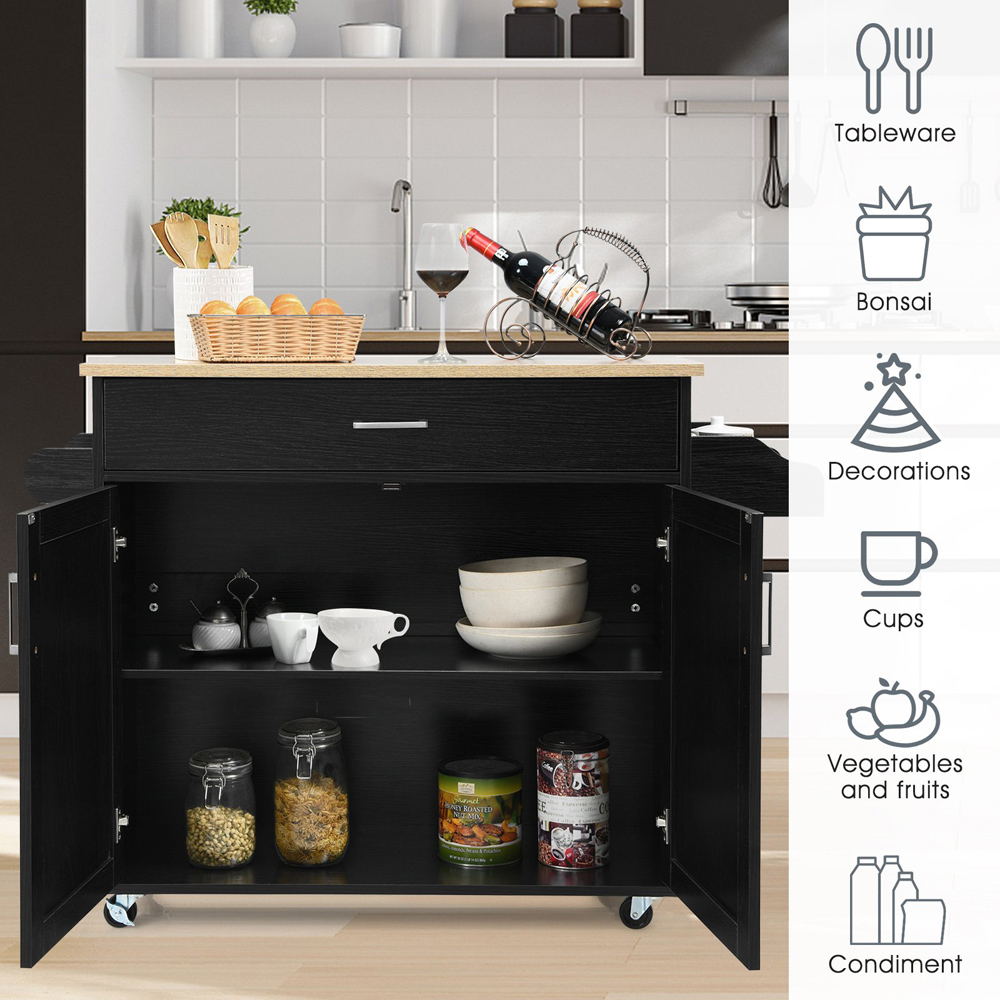Costway 2 Door Single Drawer Black Kitchen Island Trolley Image 4