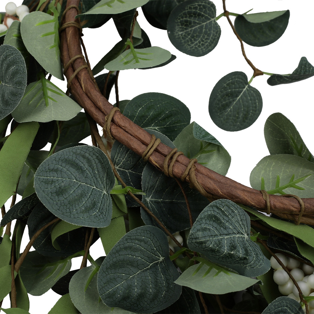 Living and Home Green and White Eucalyptus Leaf Artificial Topiary Wreath 55cm Image 3