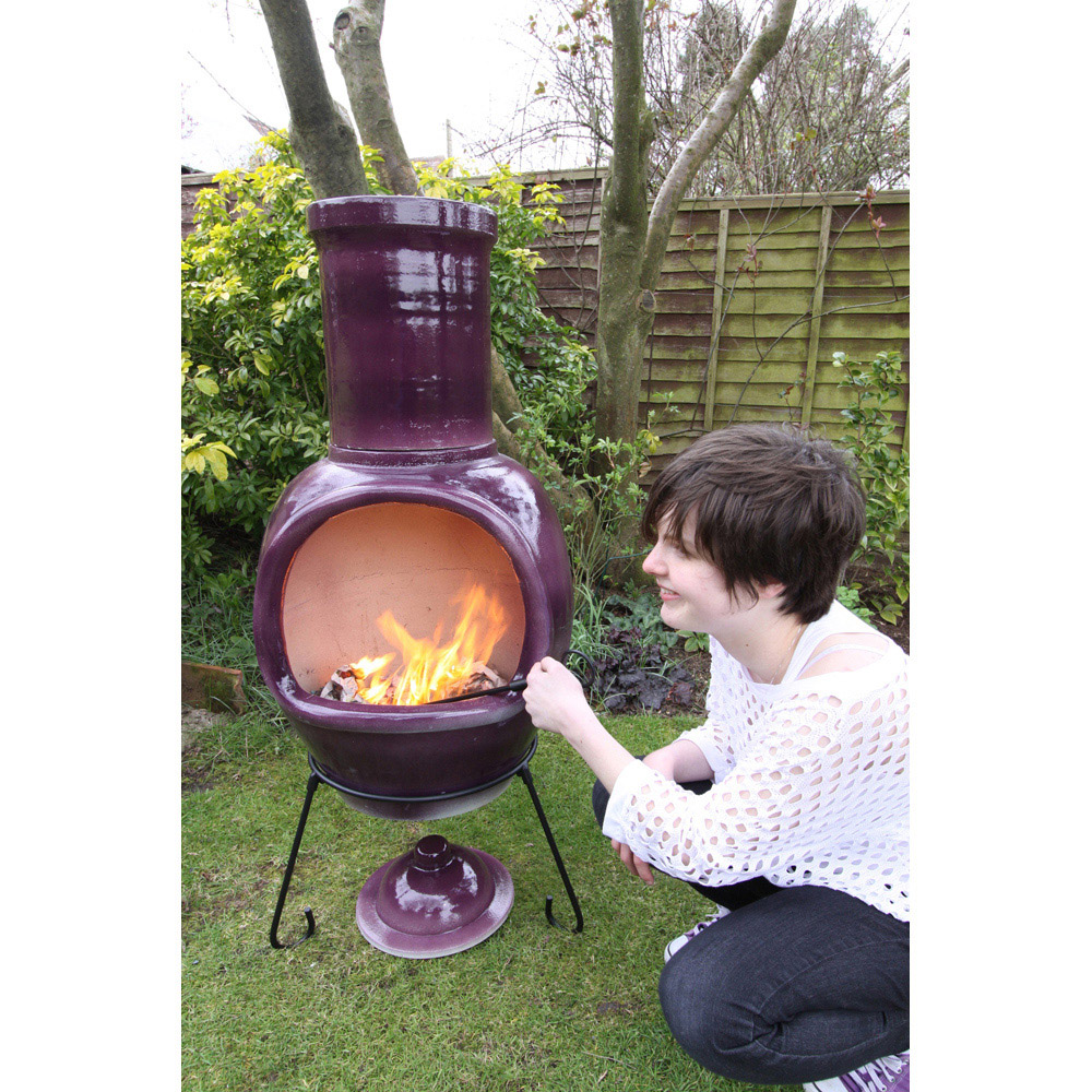 Gardeco Asteria Extra Large Glazed Purple Chimalin AFC Chimenea with Stand and Lid Image 4