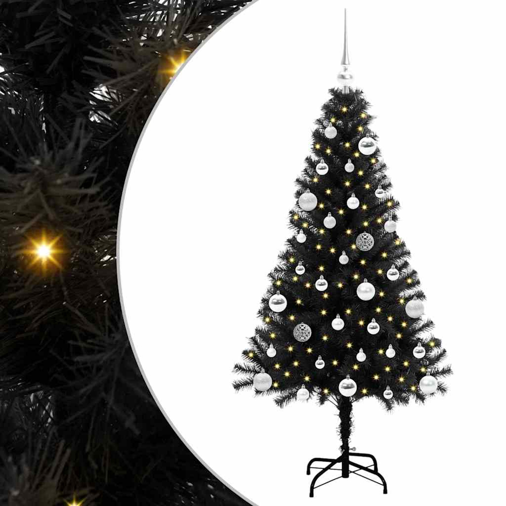 vidaXL Pre-Lit Silver Baubles Black Artificial Christmas Tree 5ft Image 2