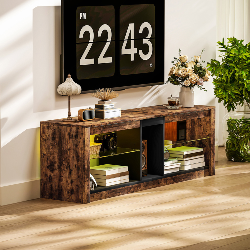 HOMCOM 4 Shelf Rustic Brown TV Stand with LED Lights Image 6