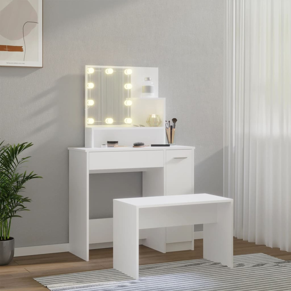 vidaXL White Dressing Table and Stool Set with LED Mirror Image 9