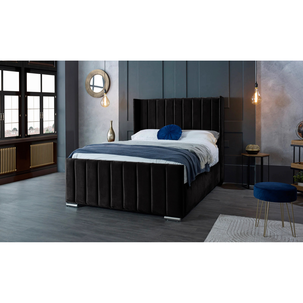Eleganza Home Meriso Double Black Plush Velvet Bed Frame with Winged Headboard Image 2