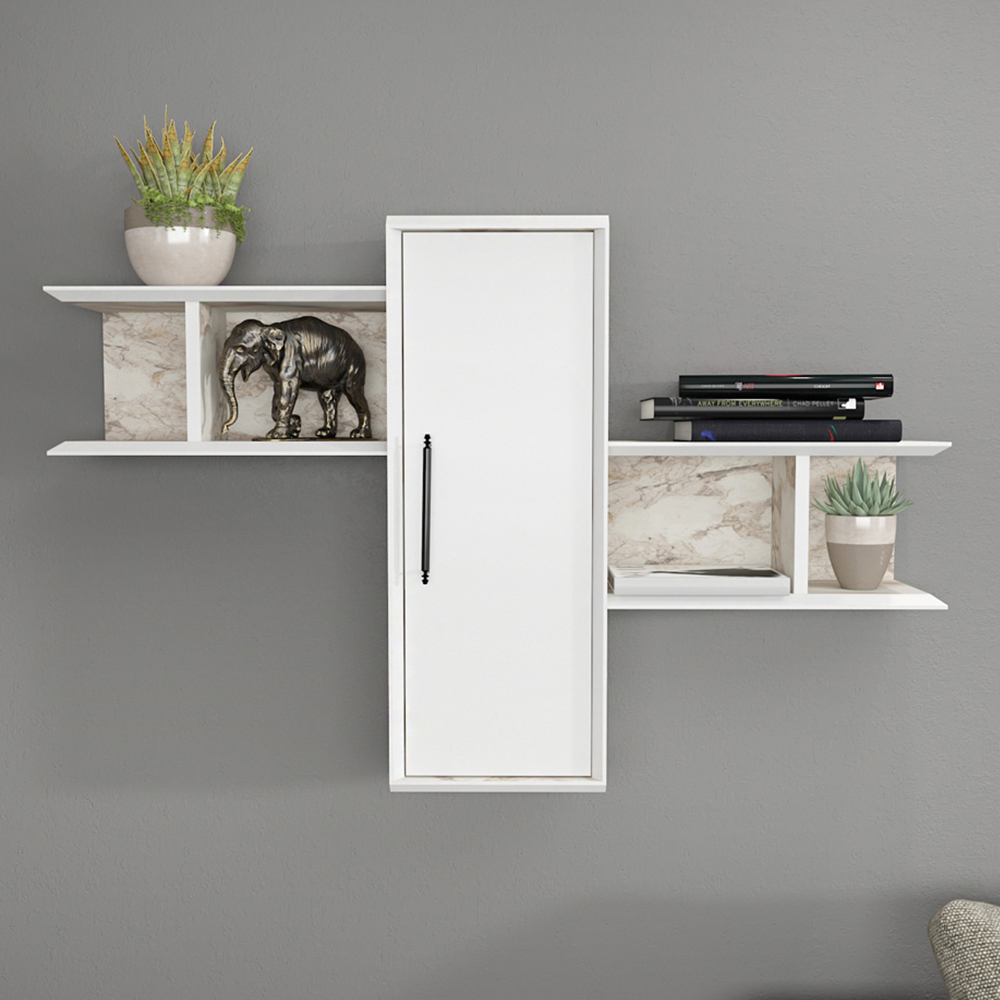 Decorotika Olida Single Door 4 Shelf White Marble Effect and White Wall Display Unit Image 1