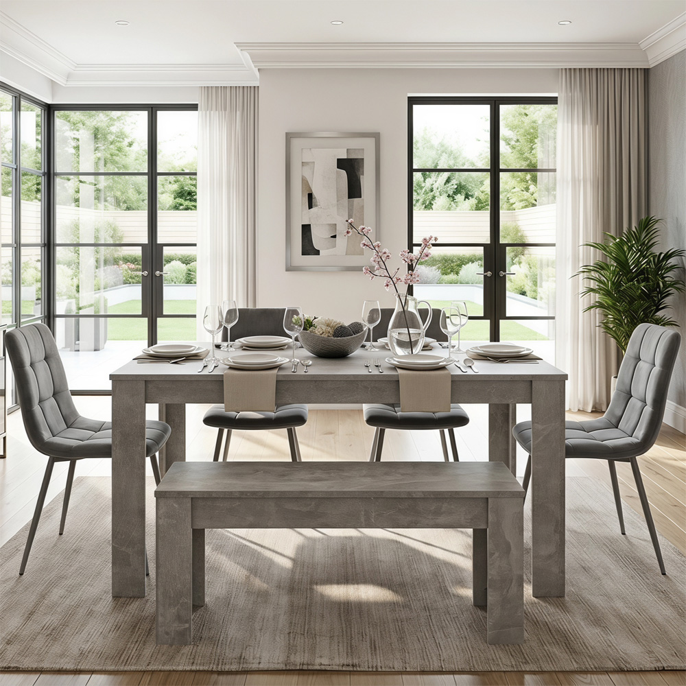 Portland Velvet 6 Seater Dining Set with Bench Stone Grey and Grey Image 2