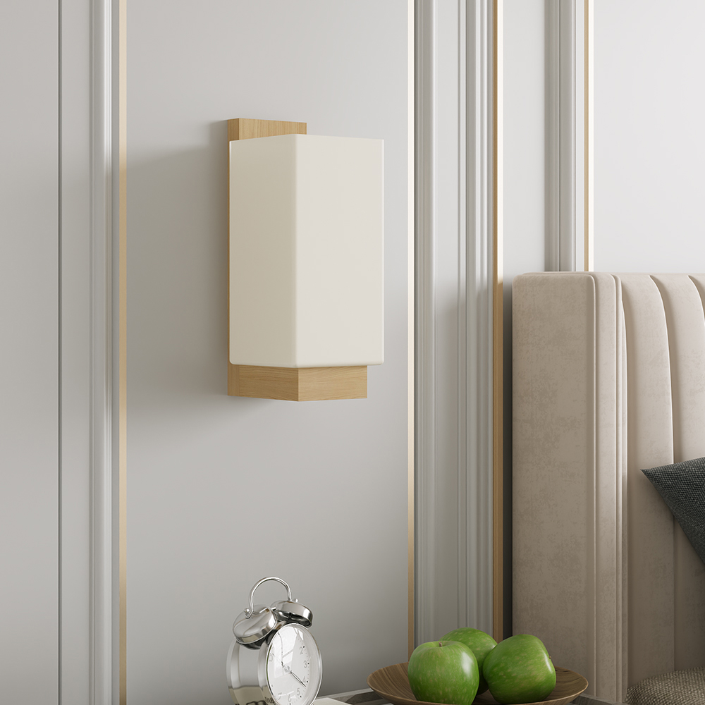 Living and Home White Glass Shade Natural Wood E27 Wall Lamp Image 2