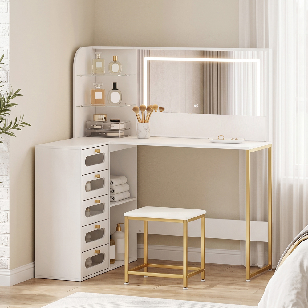 HOMCOM 5 Drawer 4 Shelf White Dressing Table with LED Mirror and Stool Image 2