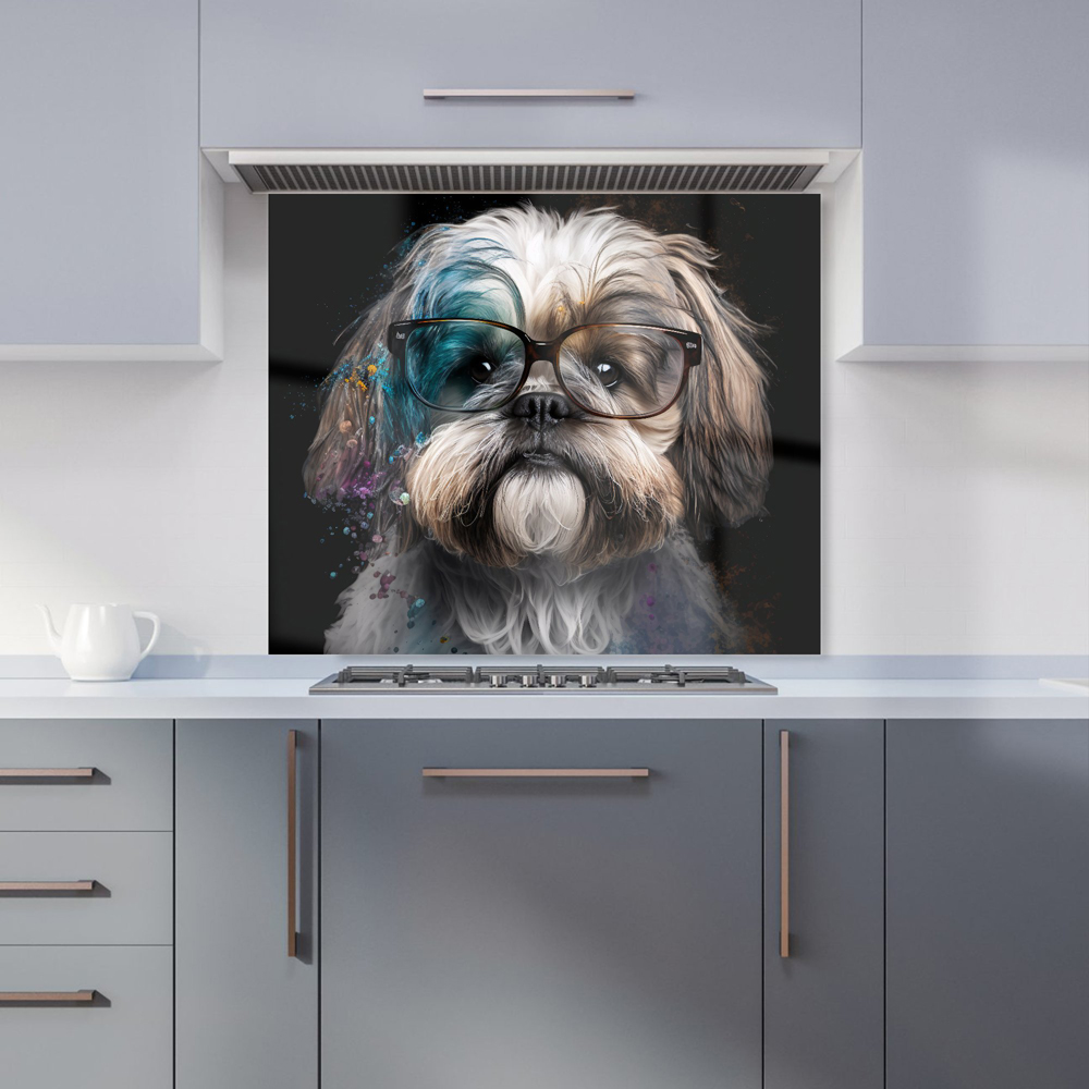Warren Reed Designer Lhasa Apso with Glasses Splashart Glass Kitchen Splashback 75 x 90cm Image 1