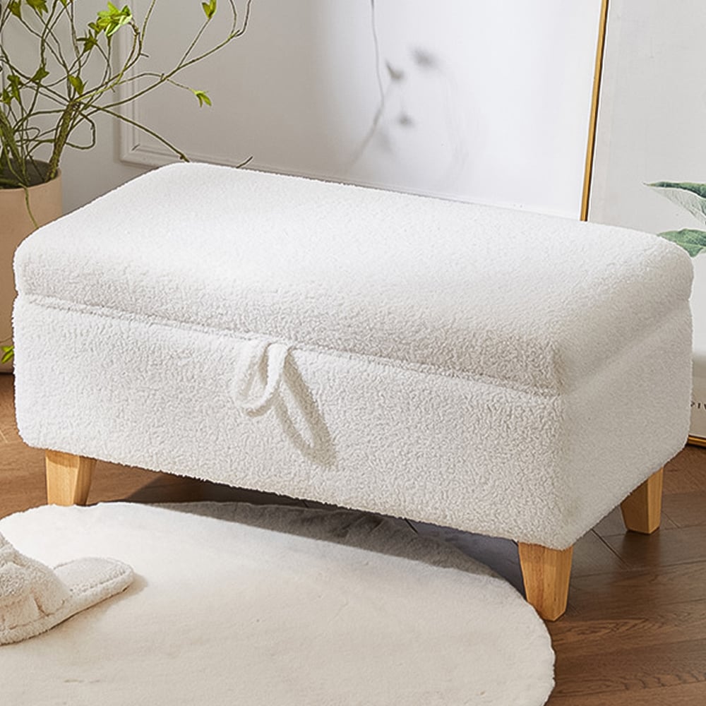 Living and Home White Teddy Fleece Upholstered Storage Ottoman Image 1