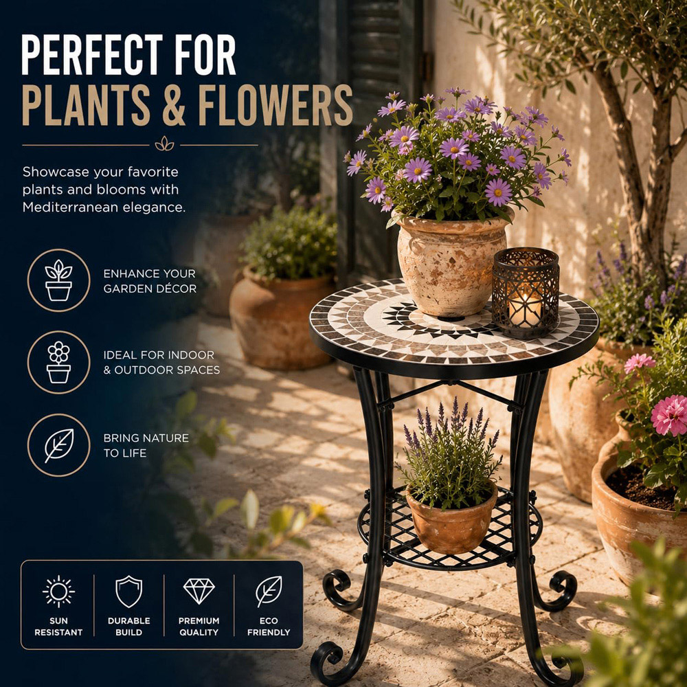 Shatchi Medina 2-in-1 Single Shelf Mosaic Ceramic Tile Top Plant Stand Side Table Image 4