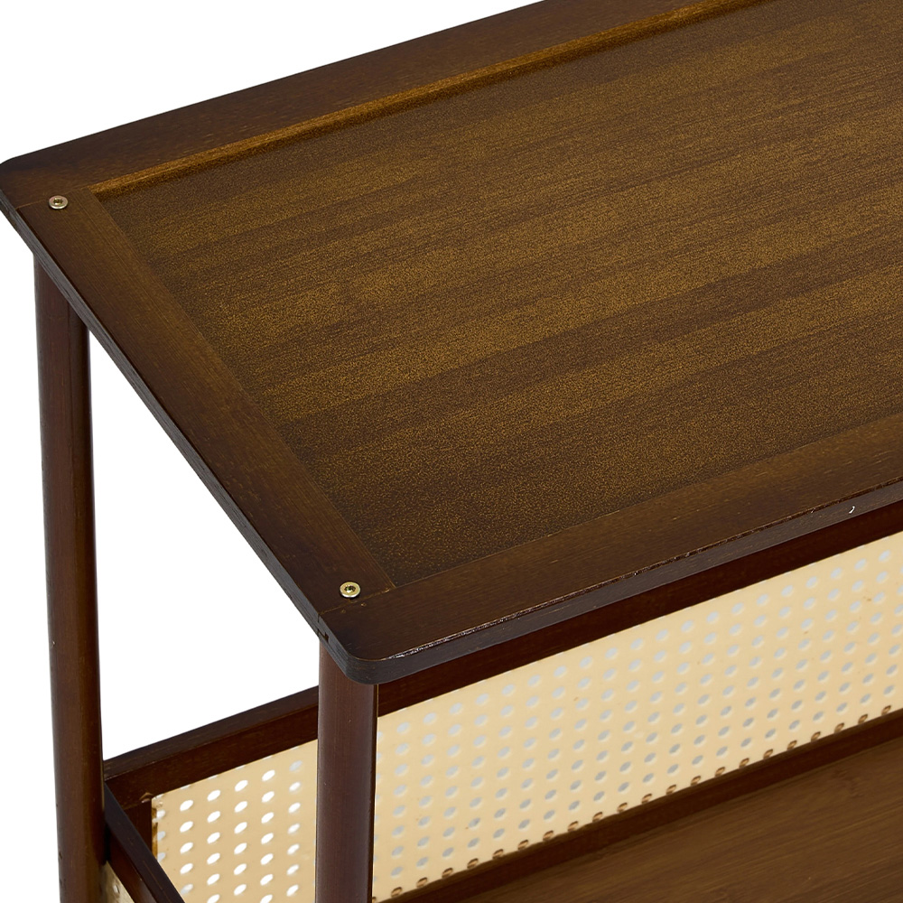 Living and Home 2-Tier Walnut Faux Rattan Side Table with Castors Image 6