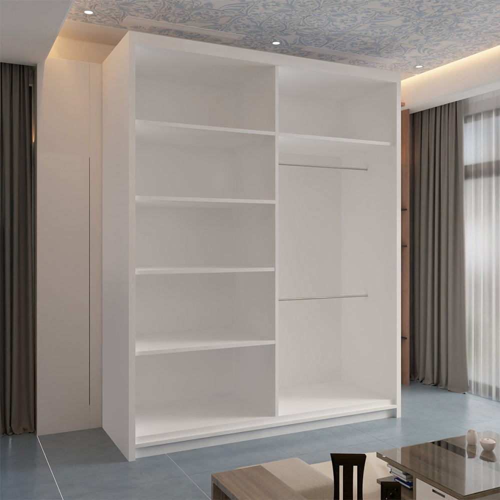 Modern Sliding Wardrobe with Curved Mirror and Adjustable Shelves and Hanging Rails (White 150cm) Image 3