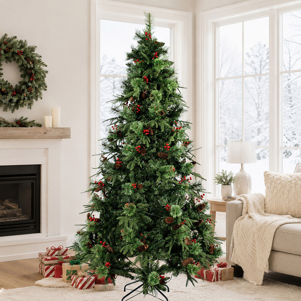 Abrihome Green Artificial Christmas Tree with Berries and Pinecones 6ft Image 3