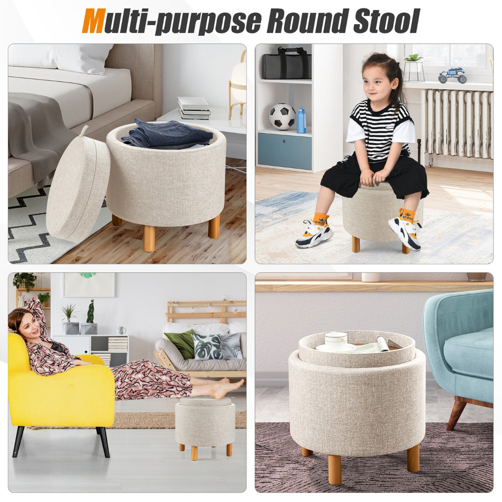 Costway Beige Round Padded Ottoman Stool Image 5