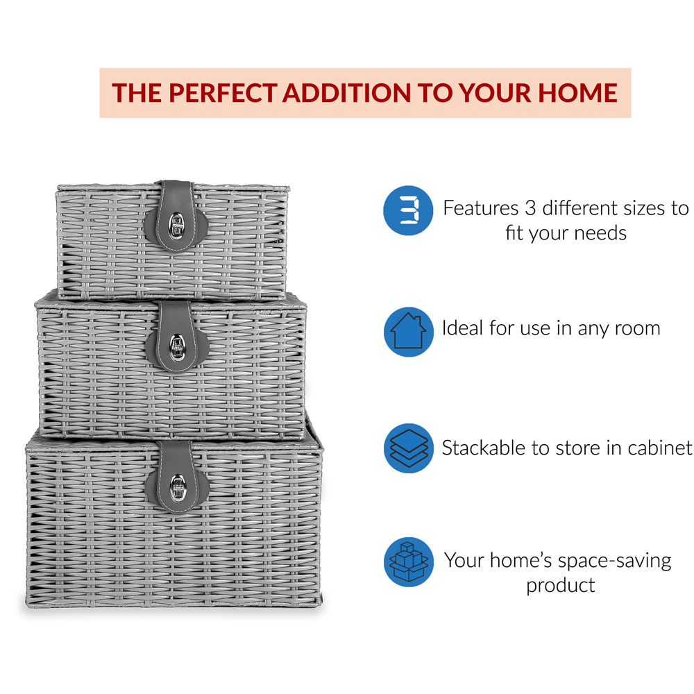 Innoteck Essentials Grey Wicker Woven Storage Basket with Lid 3 Pack Image 6