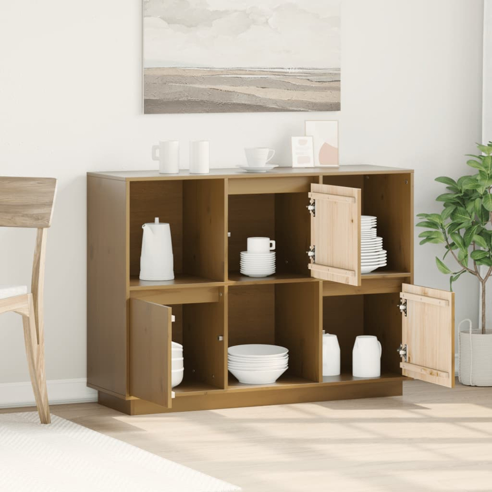 vidaXL 3 Door 3 Shelf Honey Brown Solid Wood Pine Sideboard Image 3