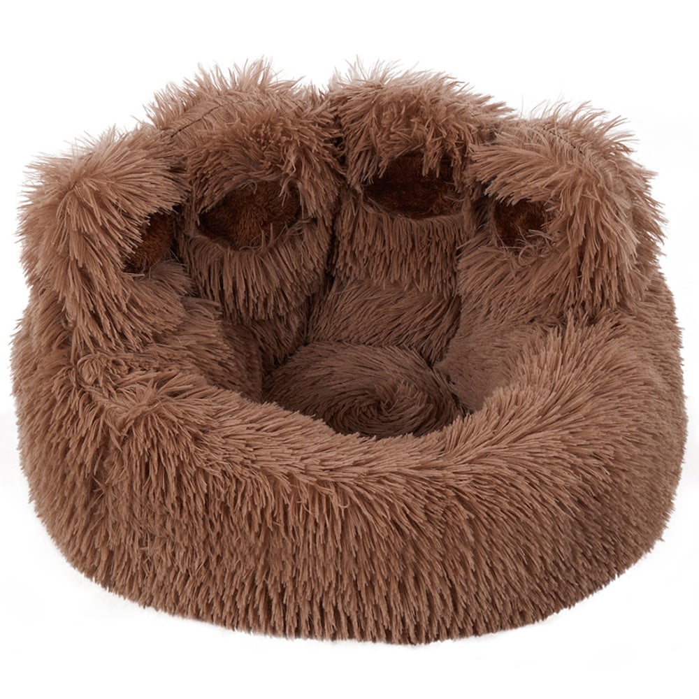 H&O Direct 60cm Brown Cute Paw Plush Snuggle Pet Bed Image 1