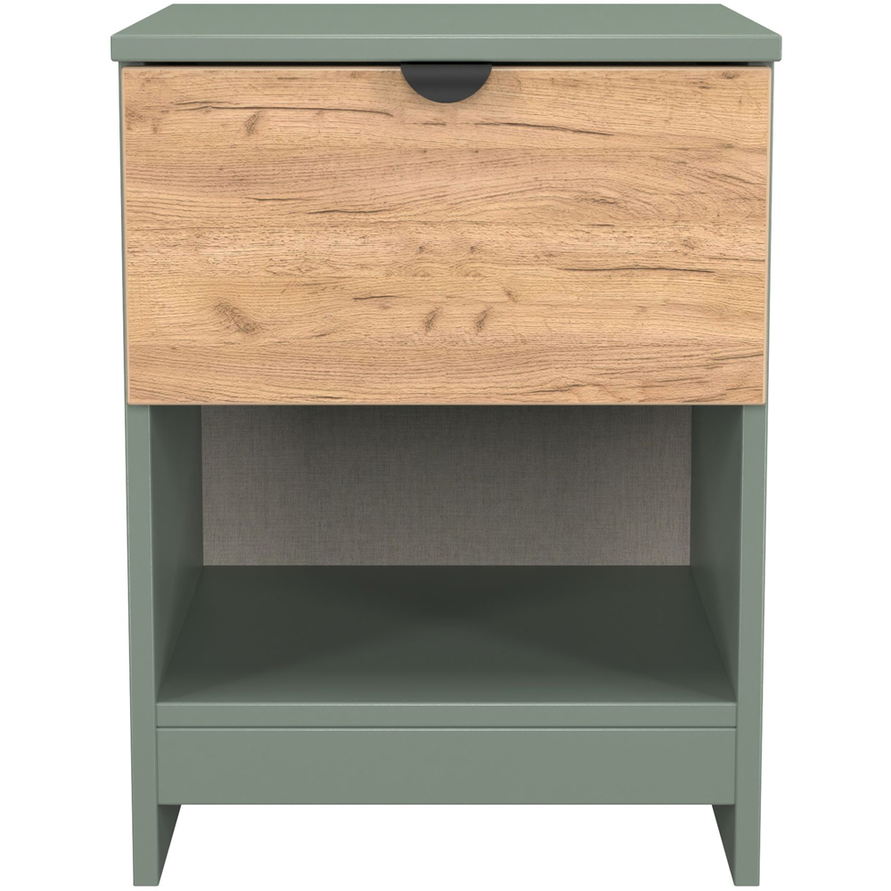 Crowndale Bora Single Drawer Single Shelf Gold Oak and Reed Green Bedside Cabinet Image 2