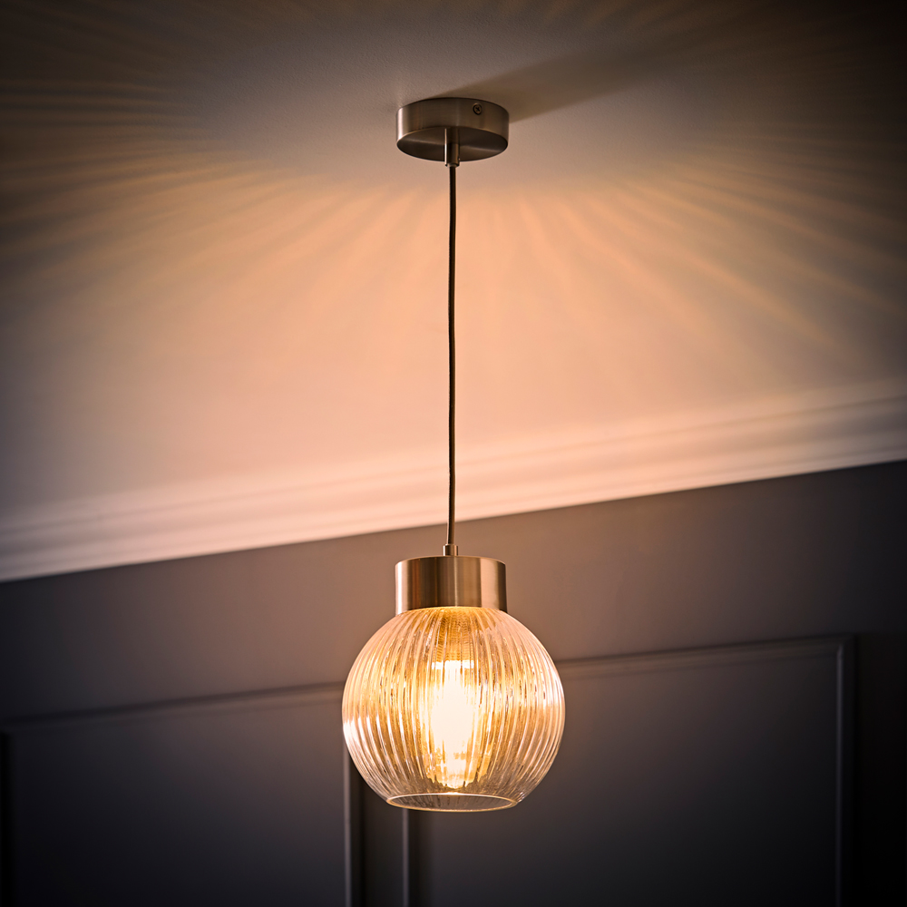 ValueLights Maddison Ribbed Glass Shade Brushed Chrome Capped LED Ceiling Pendant Light Image 6