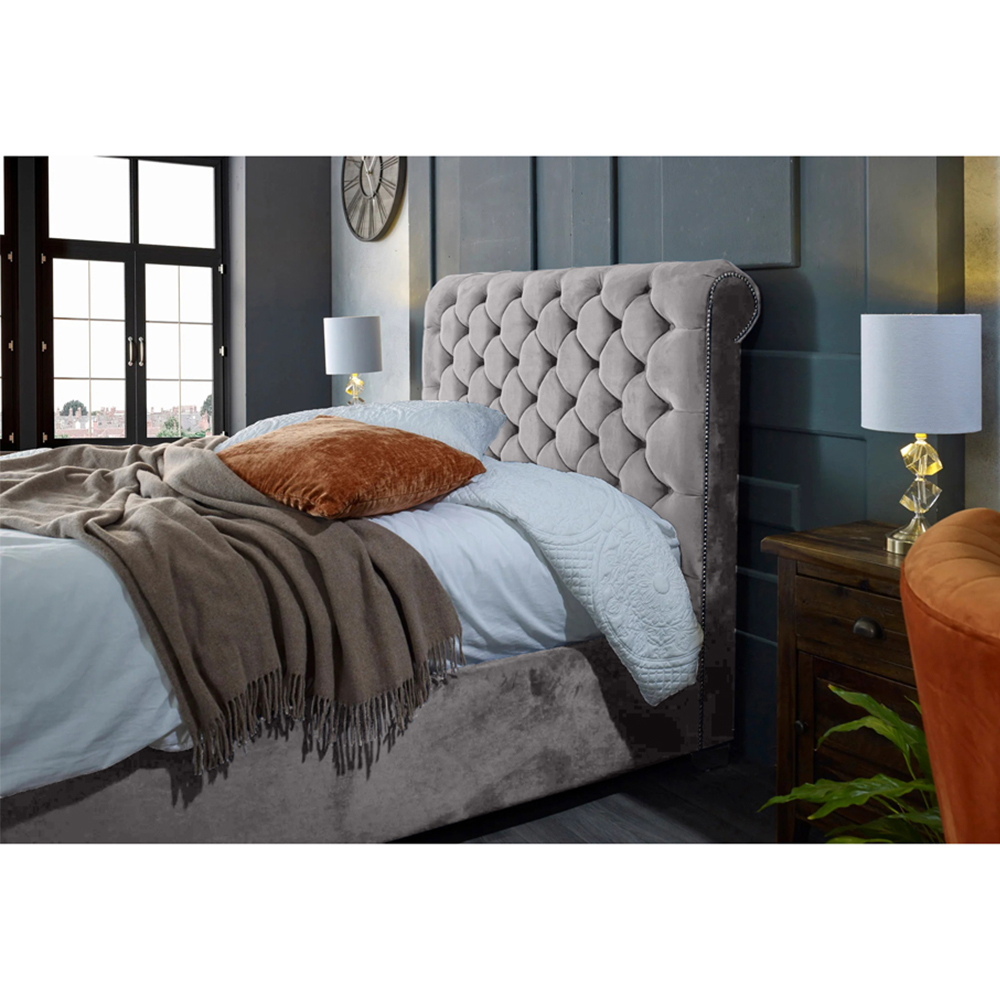 Eleganza Home Veneta King Size Silver Plush Velvet Bed Frame with Chesterfield Headboard Image 2