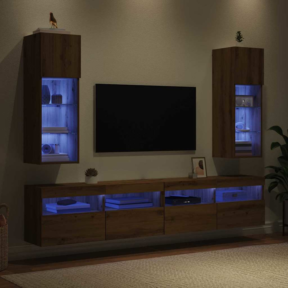 vidaXL Single Door 3 Shelf Artisan Oak Wall Mounted LED TV Unit Set of 2 Image 9