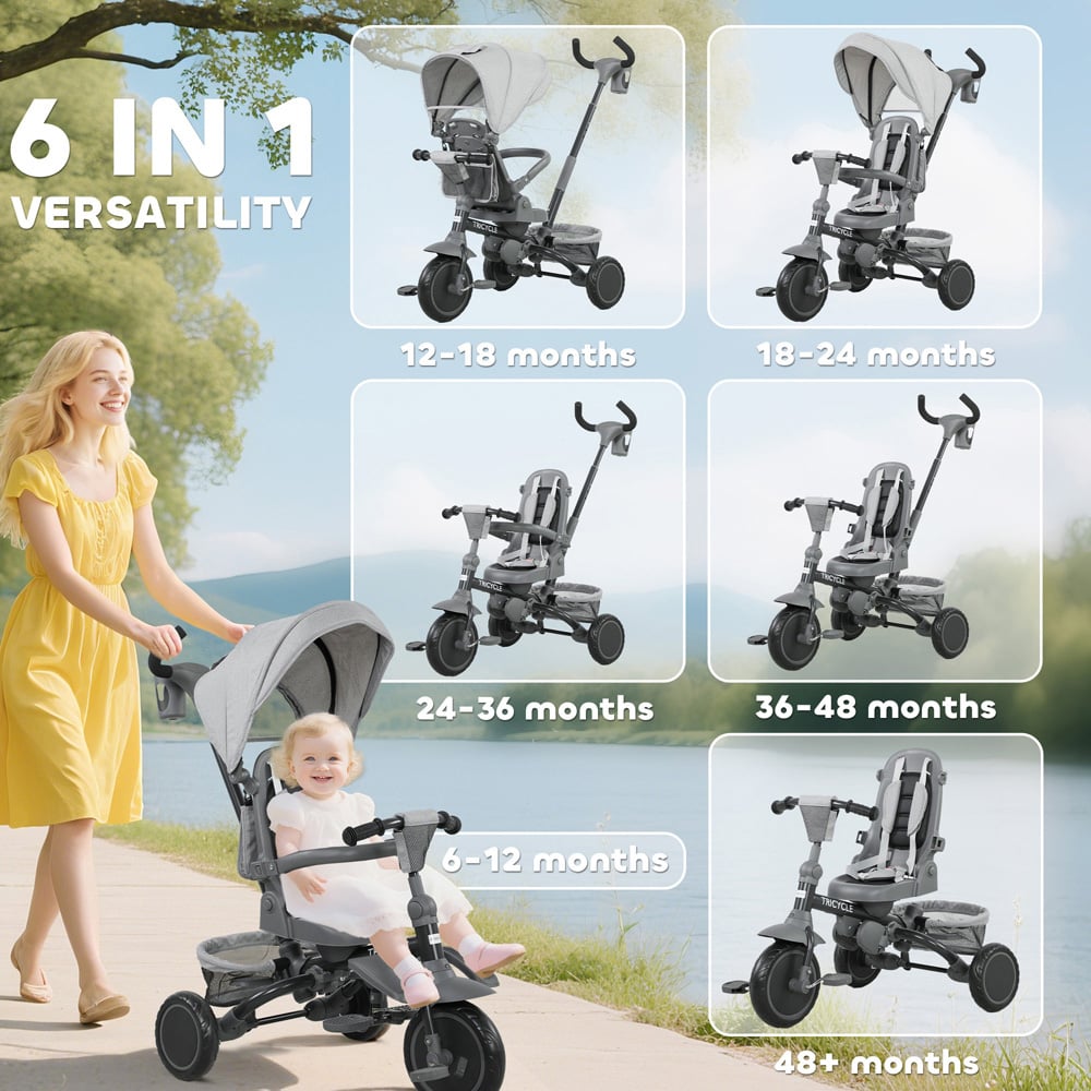 Tommy Toys 6-in-1 Toddler Grey 5 Point Harness Trike with Parent Handle Image 4