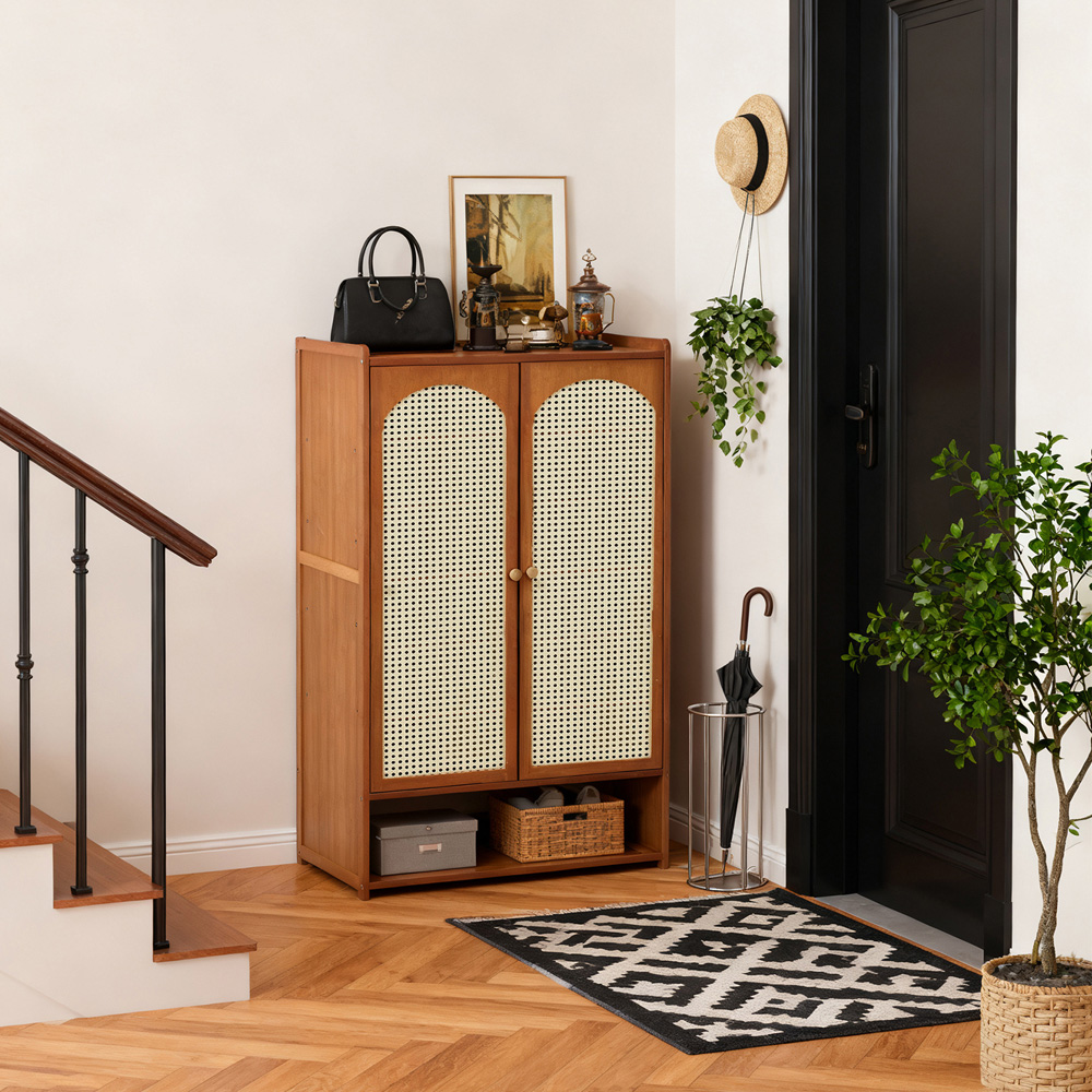 Living and Home 2 Door Single Open Shelf Brown Rattan Tall Shoe Cabinet Image 8