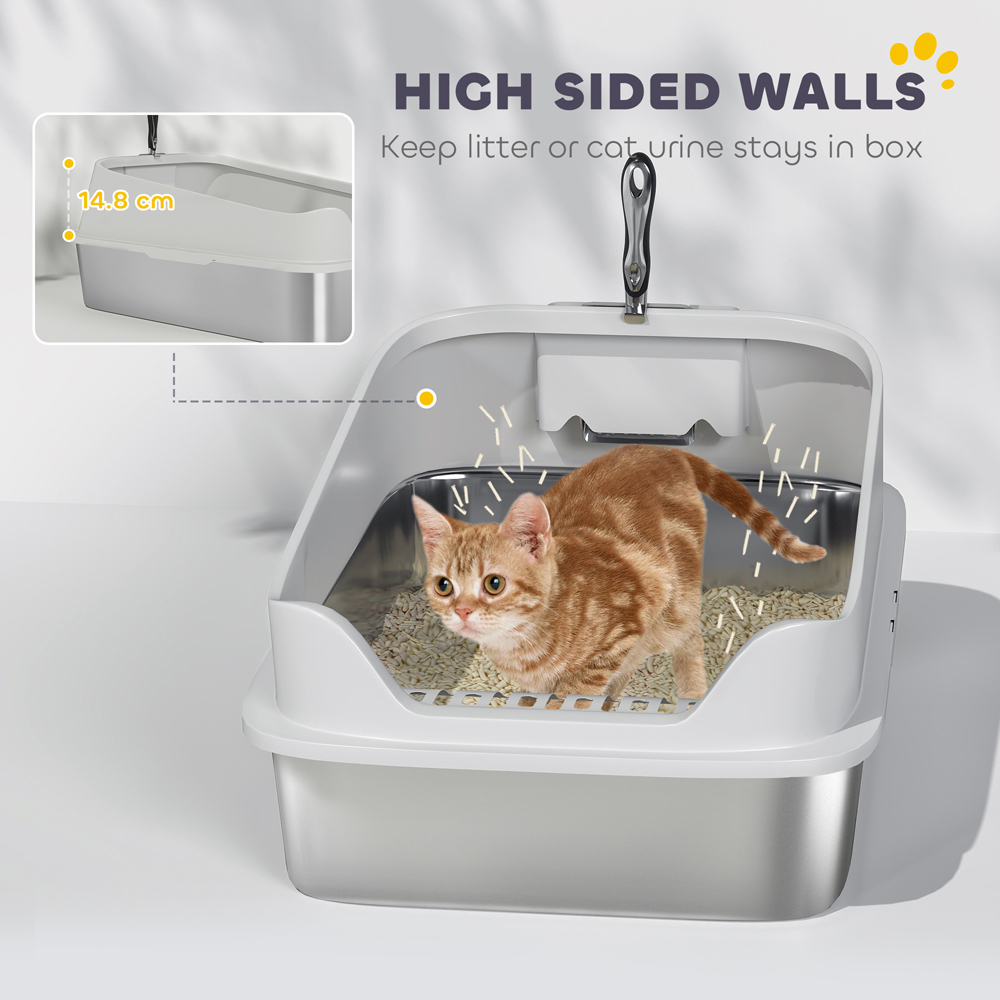 PawHut XL Grey Stainless Steel High Sided Cat Litter Tray with Scoop Image 7