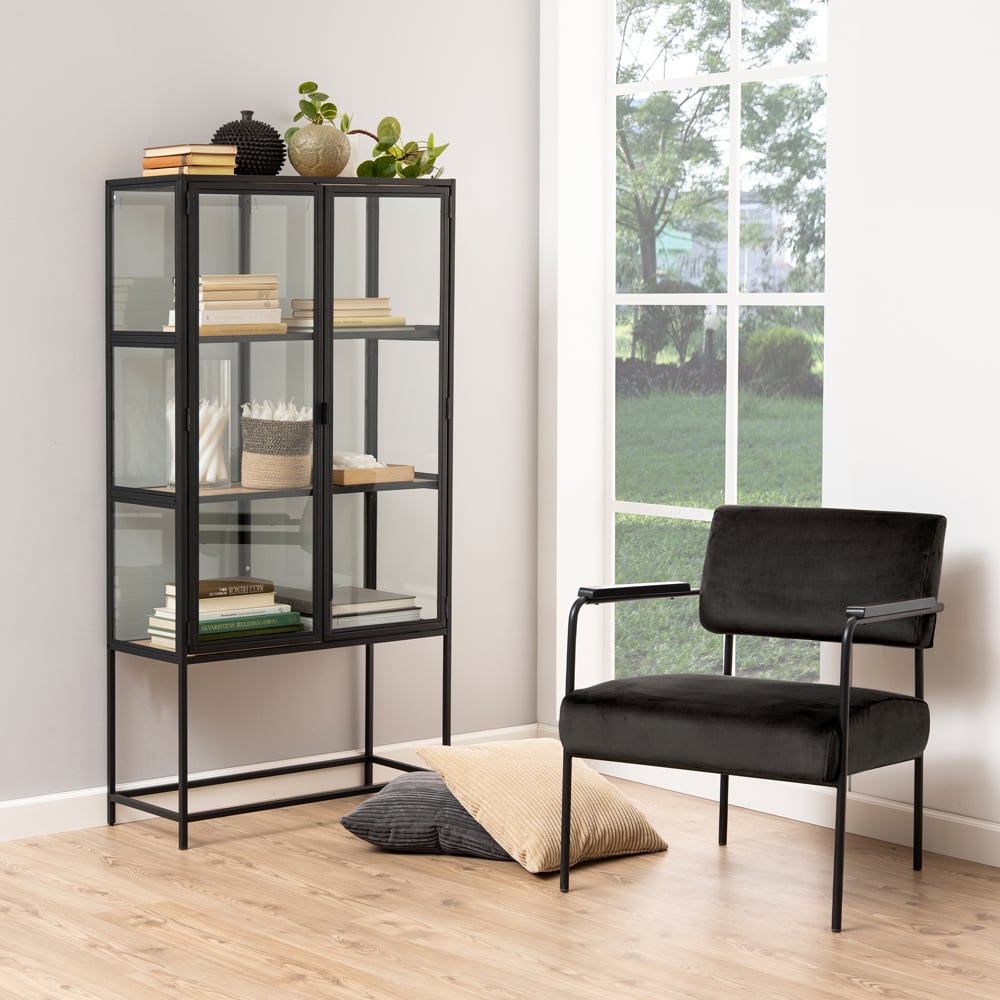 Florence Seaford 2 Glass Door Black and Oak Display Cabinet Image 9