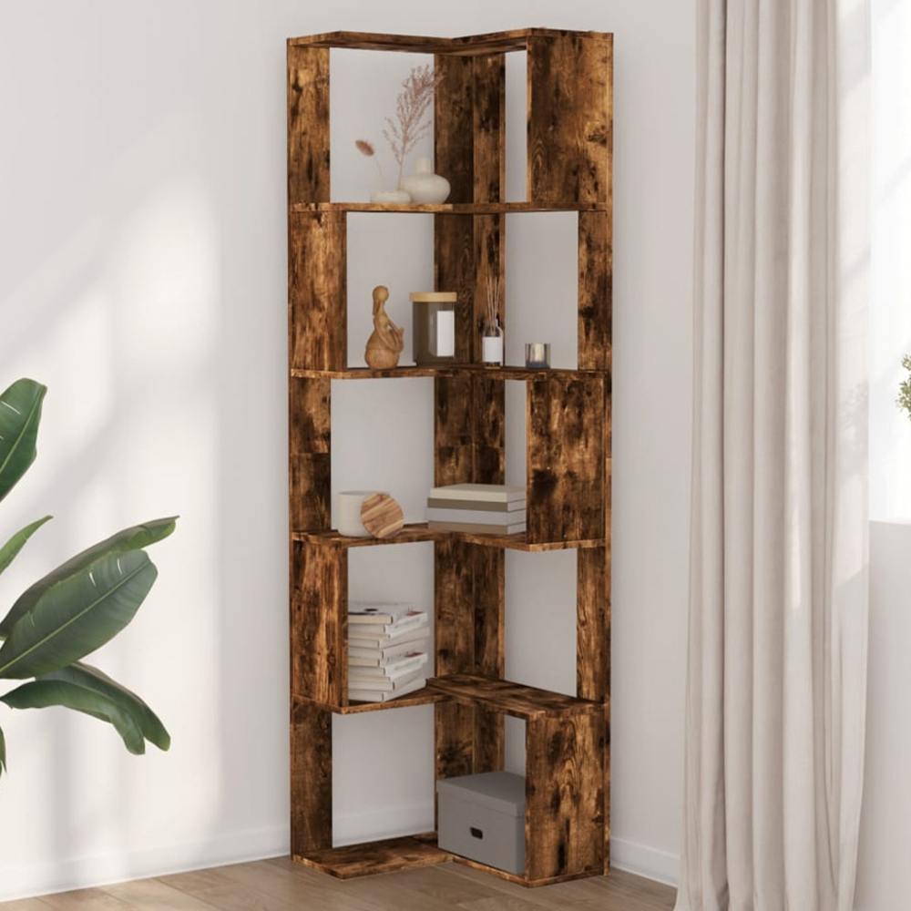vidaXL 10 Shelf Smoked Oak Corner Bookcase Image 1
