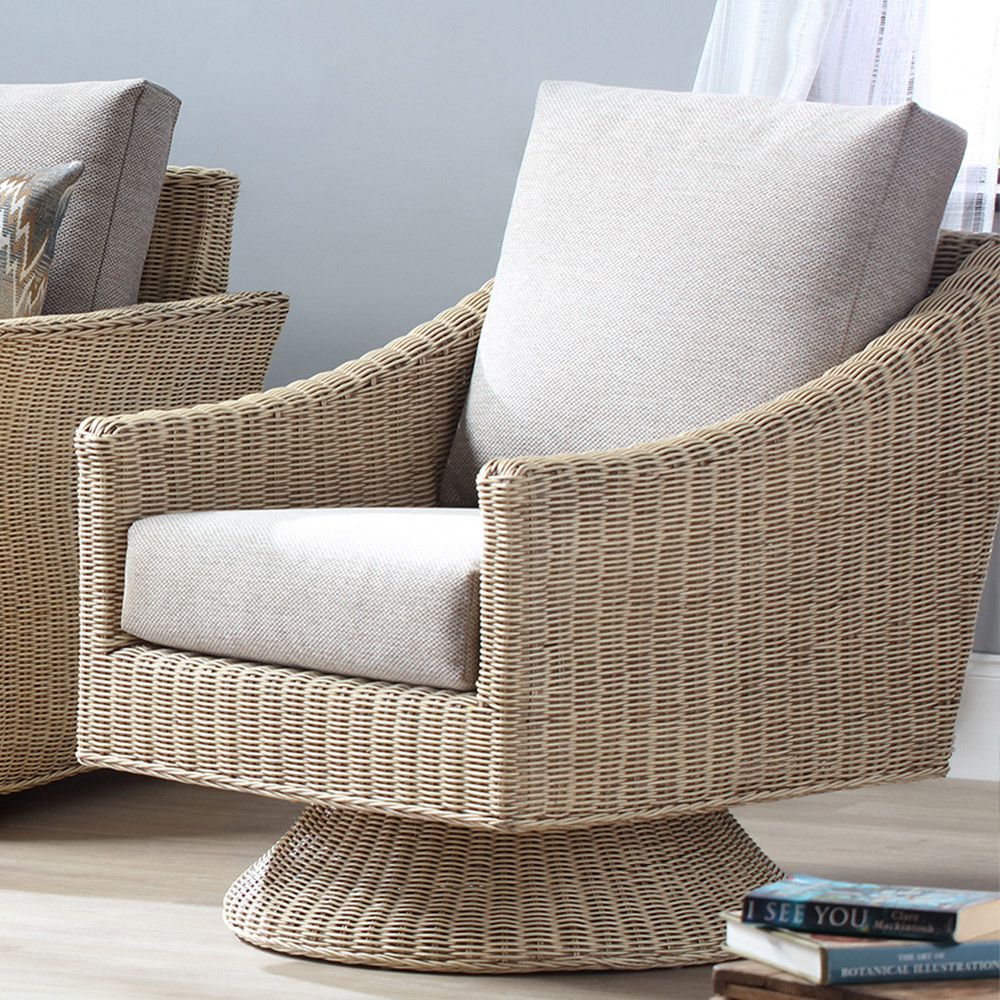 Desser Corsica Natural Rattan Biscuit Fabric Swivel Chair Image 1