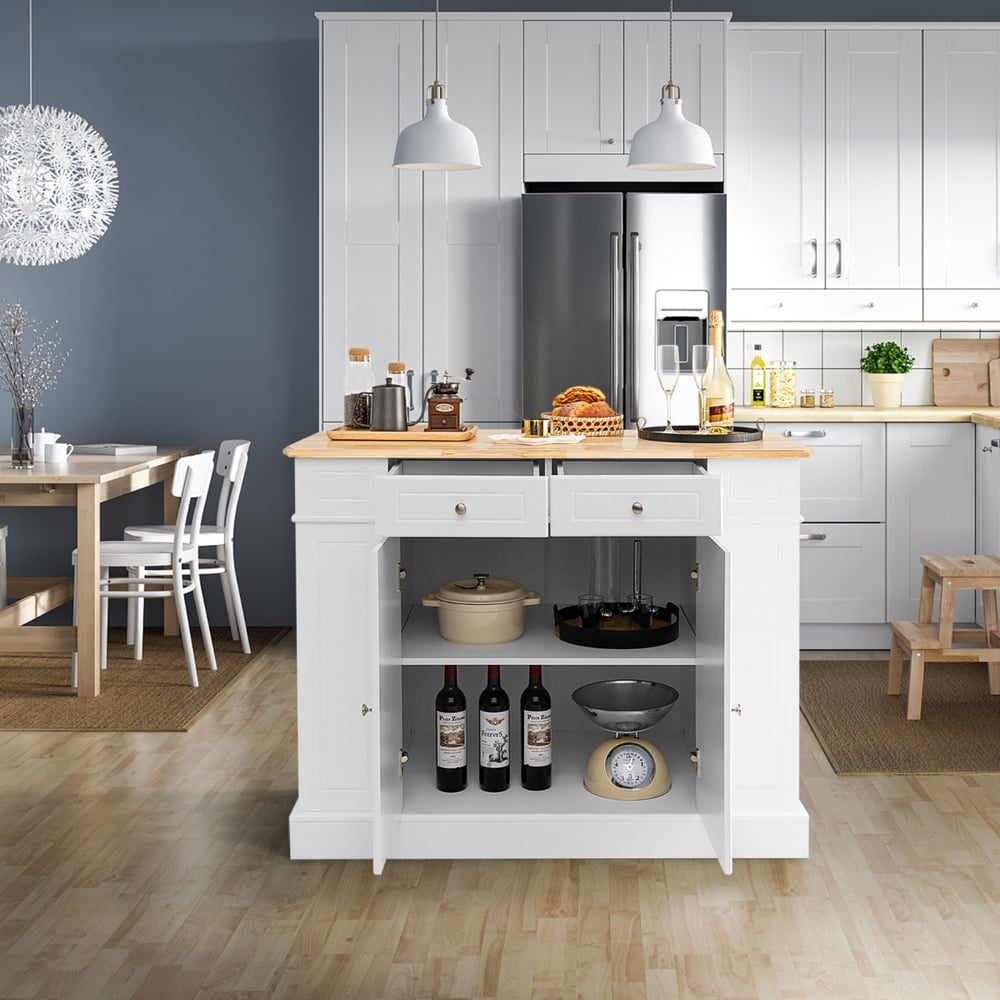 Costway White Extendable Worktop Drop Leaf Kitchen Island with Adjustable Shelf Image 4