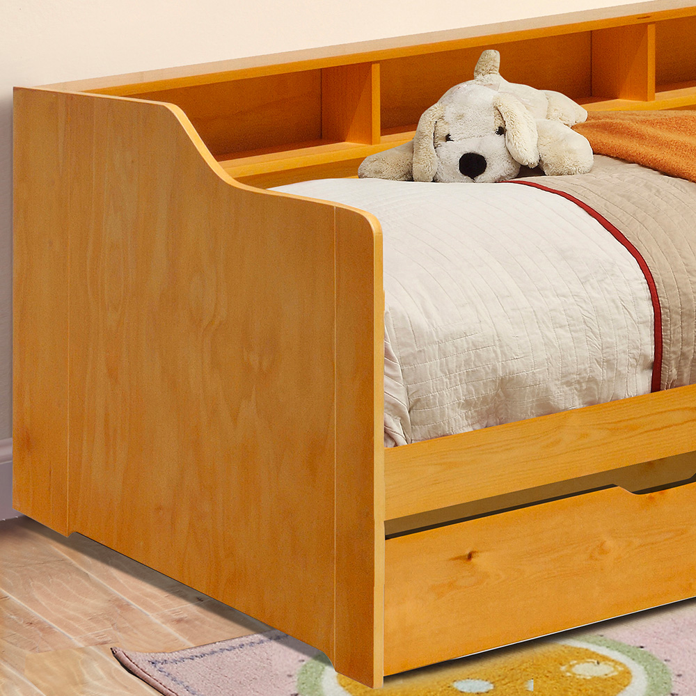 Comfy Living Single Caramel Wooden Bed with Trundle and Shelves Image 3