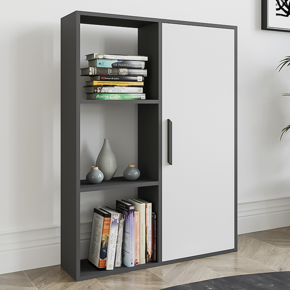 Decorotika Patrick Single Door 3 Shelf Anthracite and White Bookcase Image 1