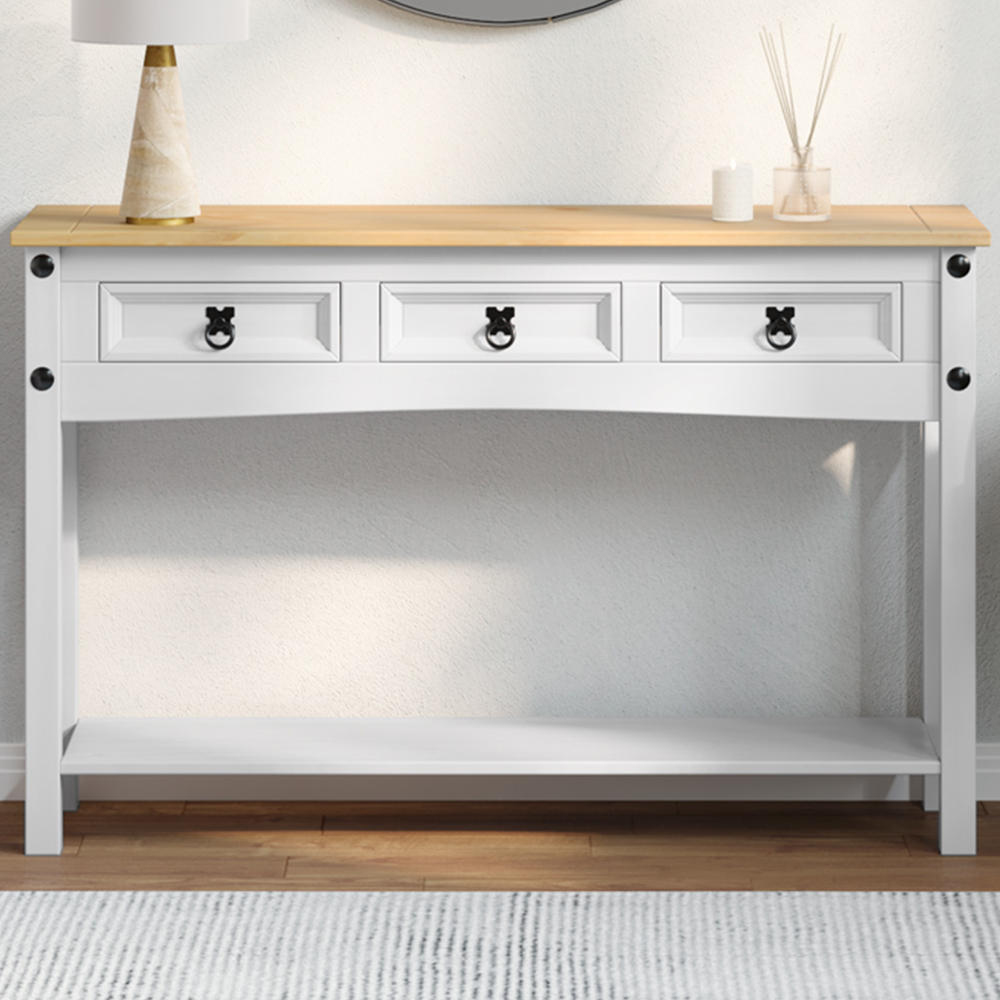vidaXL Corona 3 Drawer Single Shelf White Solid Pine Wood End Table Image 1
