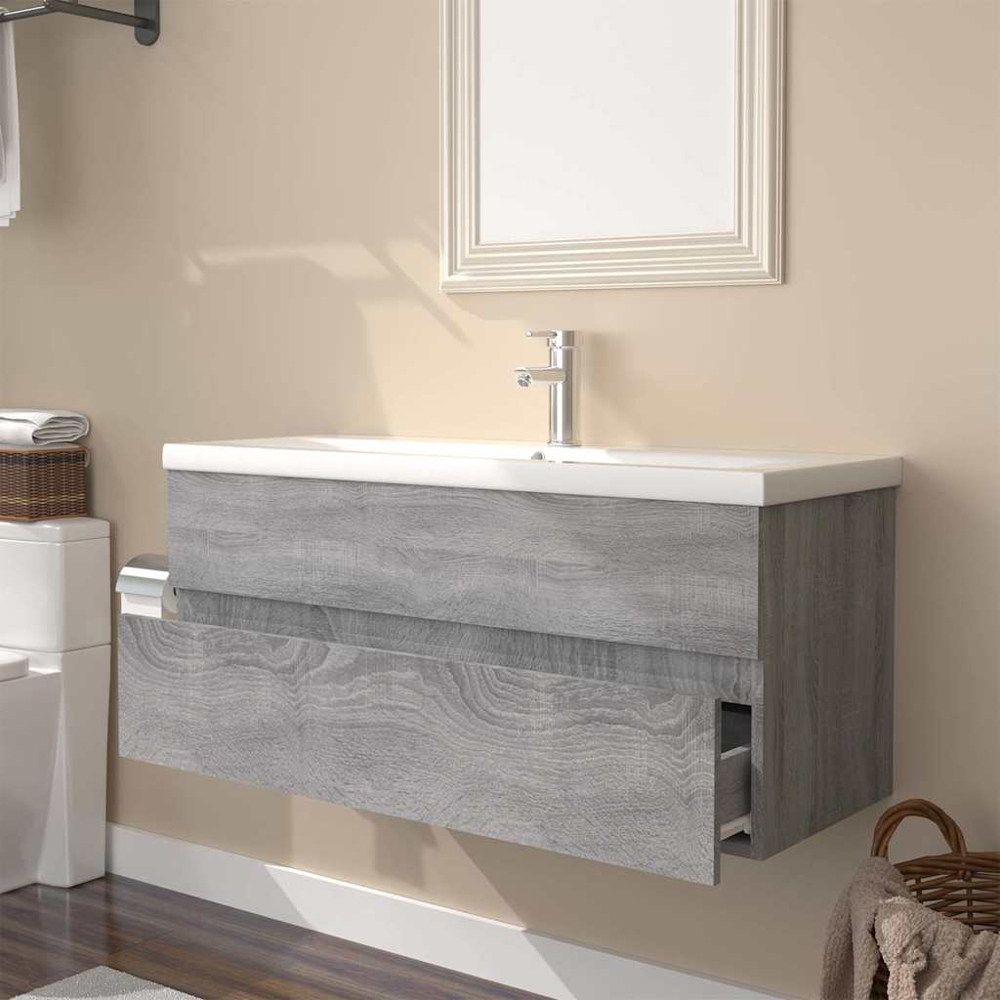 vidaXL 2 Drawer Grey Sonoma and White Sink Cabinet with Basin Image 5