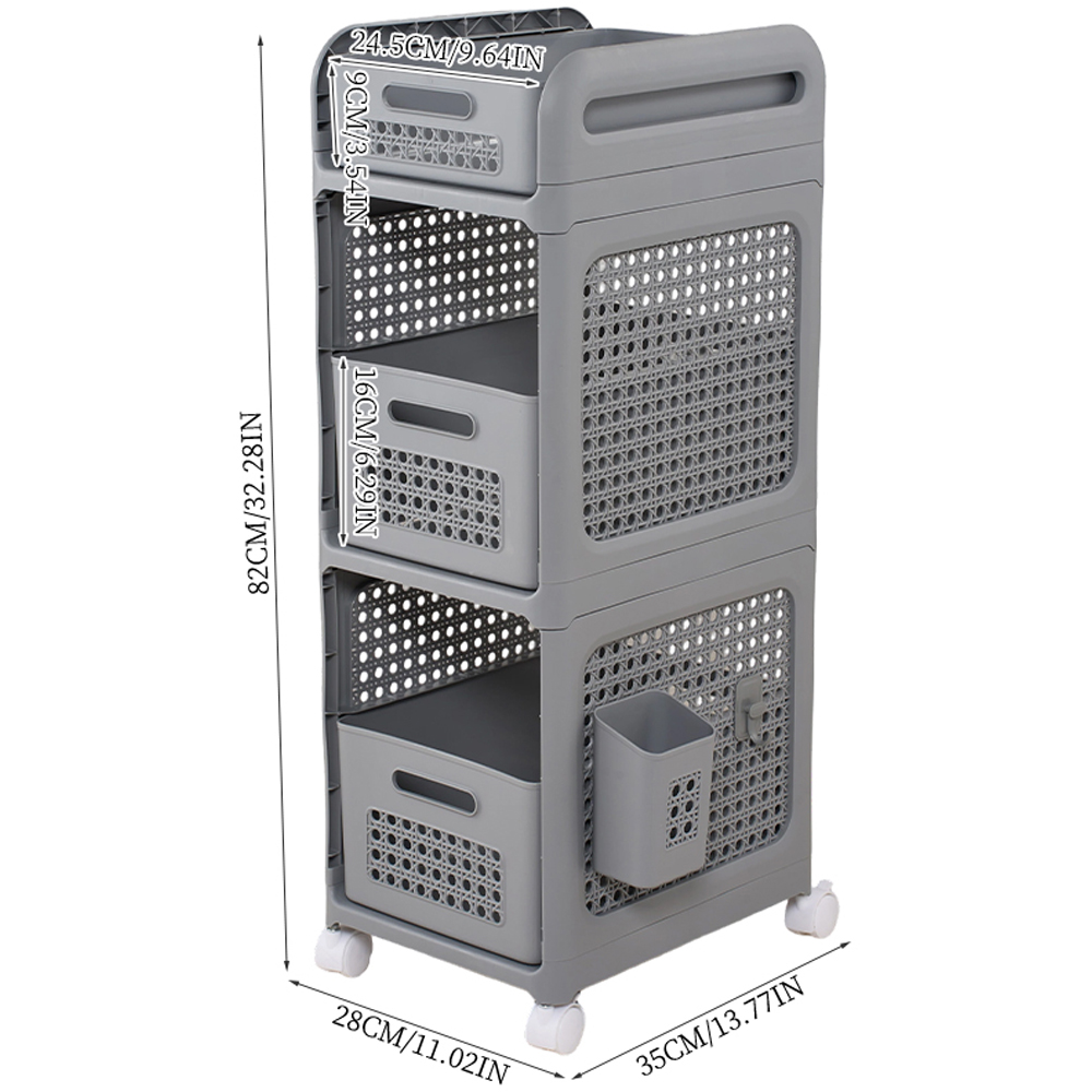 Living and Home 3-Tier Grey Storage Cart with Pull-Out Baskets Image 8