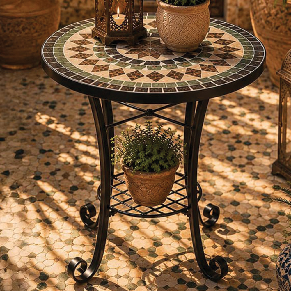 Shatchi Marrakech 2-in-1 Single Shelf Mosaic Ceramic Tile Top Plant Stand Side Table Image 1